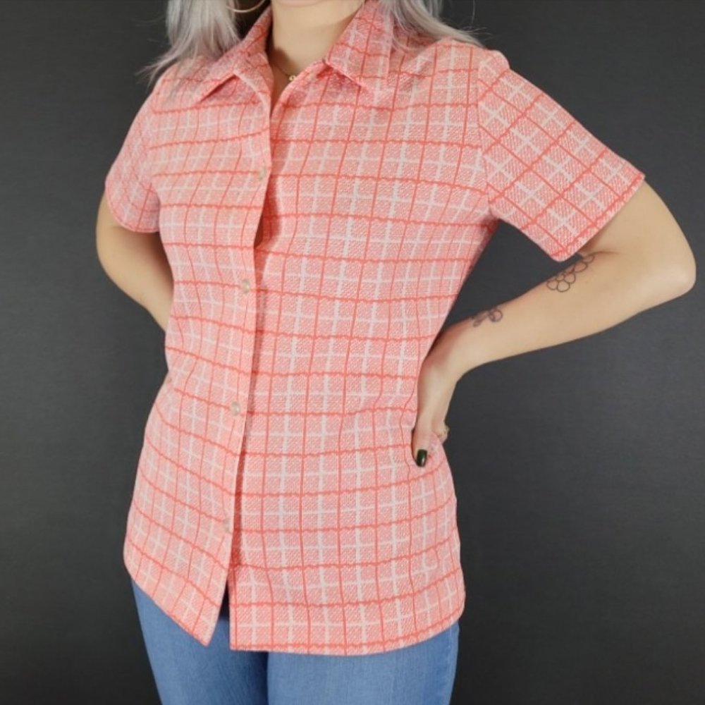 60s/70s Mod Grid Print Short Sleeve Button Up Top - image 1